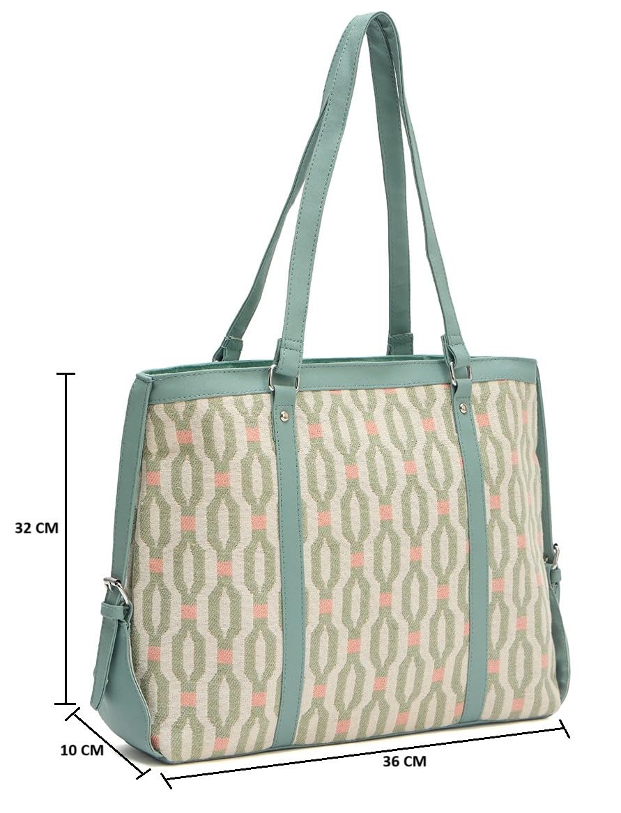 PRIMROSE Chevron Pattern Tote Bag for Women, Black and Beige (Mint & Beige)