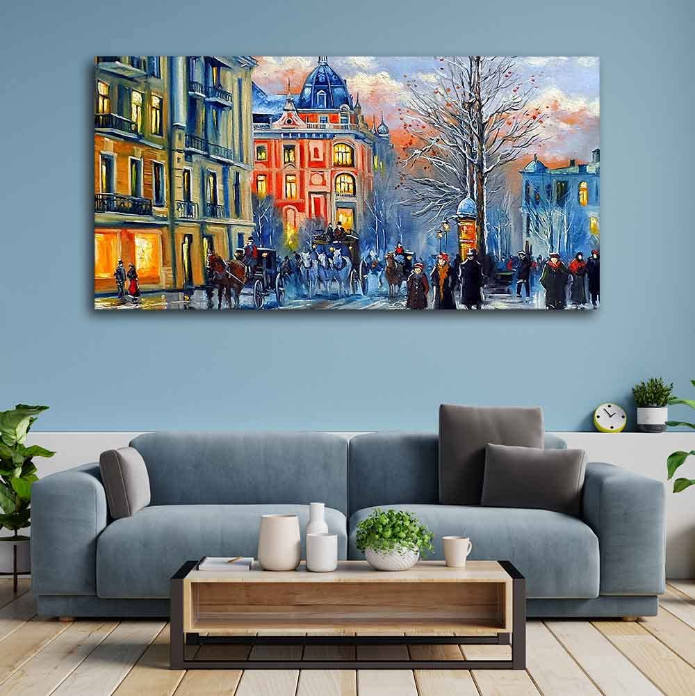 VIBECRAFTS Canvas Paintings for Living Room Drawing Room Old City In Winter Canvas Wall Painting Fitted With Wooden Frame for Home | Office | Gift (PTVCH_2446)