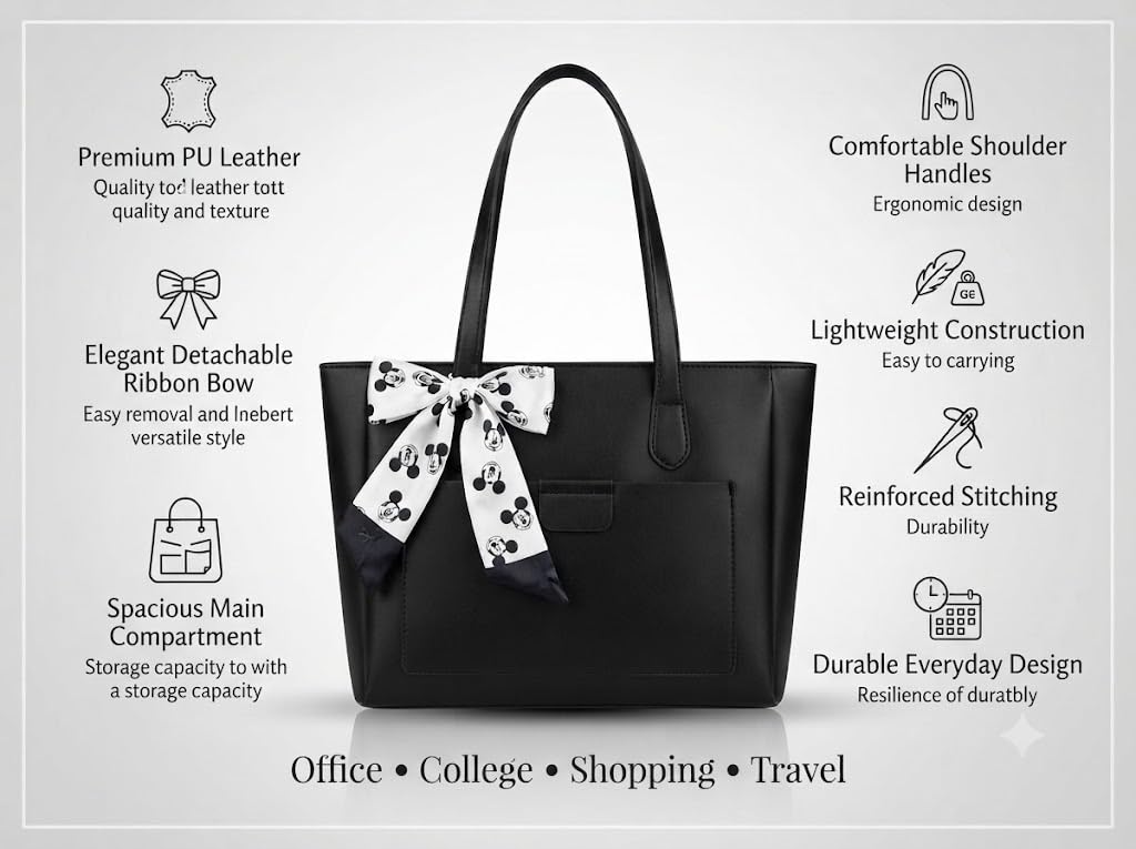 PAVILONN Women Tote Bag PU Leather Handbag Beige | Ladies Shoulder Bag for Women Office College | Large Designer Handbag with Bow Detail, Stylish Daily Use Fashion Bag (Black)