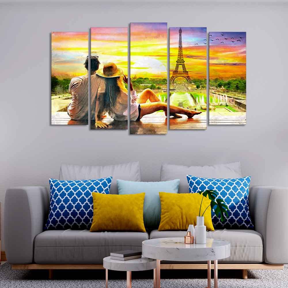 VIBECRAFTS Couple Watching Sunset Paris Canvas Wall Painting of Five Pieces For Home|Office|Living Room|Gift (PTVC5Pcs2_6543)