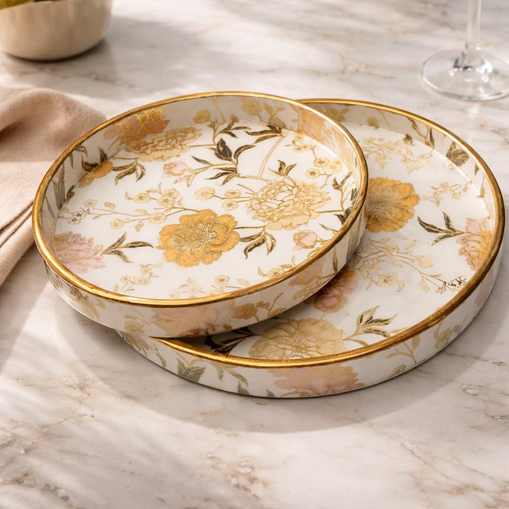 Dreams n Decor Floral Round Wooden Tray Set of 2 | MDF Serving Tray with Gold Enamel Finish | Decorative Tray for Home, Coffee Table & Gifting | 7 & 9 Inch | Kitchen & Dining