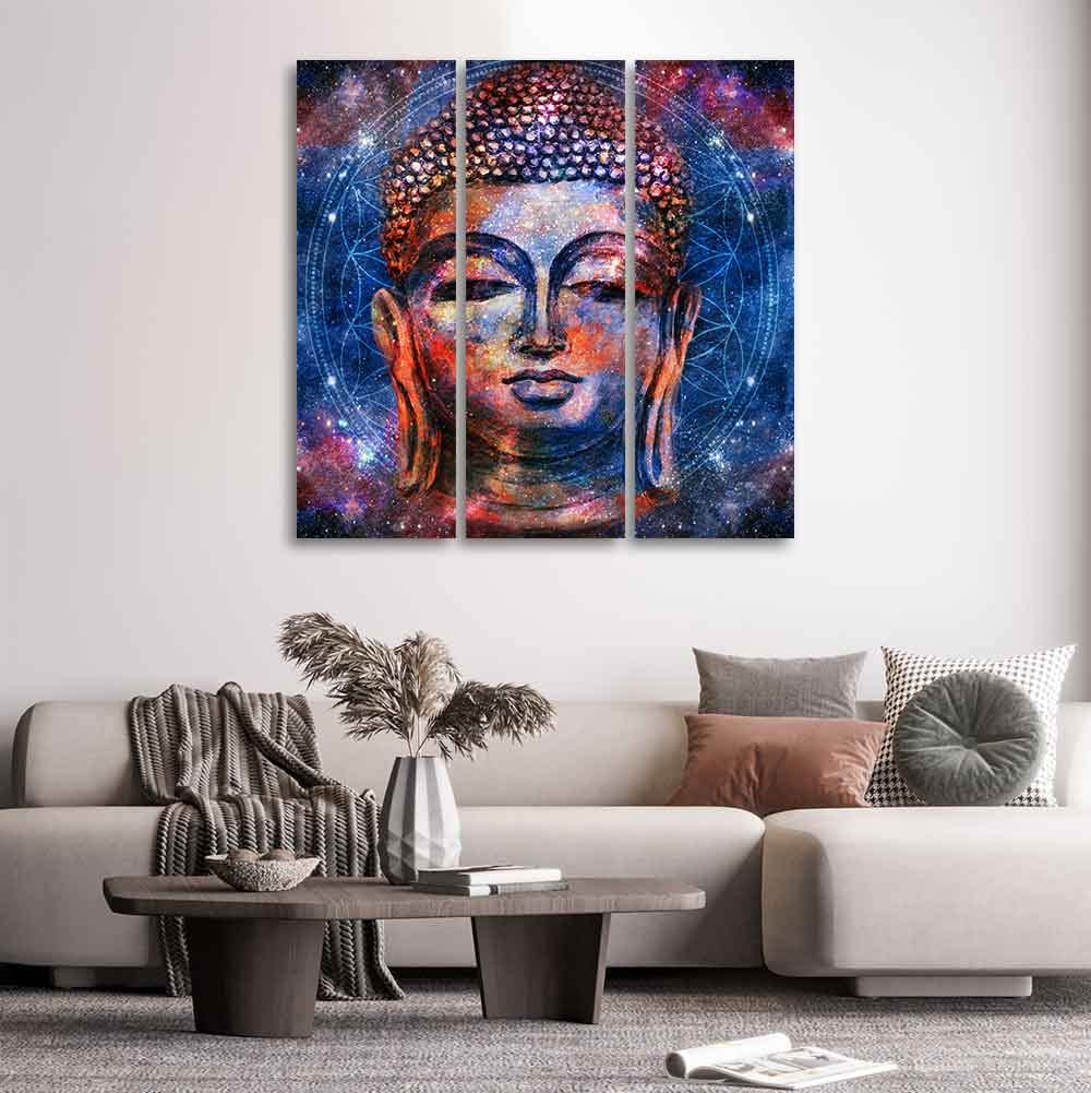 VIBECRAFTS 3 Pieces Buddha Head Canvas Wall Painting Fitted With Wooden Frame For Home | Office | Living Room | Gifts (PTVC3Pcs1_9515)