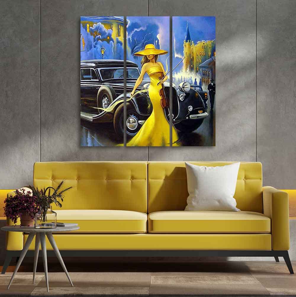 VIBECRAFTS 3 Pieces Beautiful Women With Car Canvas Wall Painting Fitted With Wooden Frame For Home | Office | Living Room | Gifts (PTVC3Pcs1_9502)