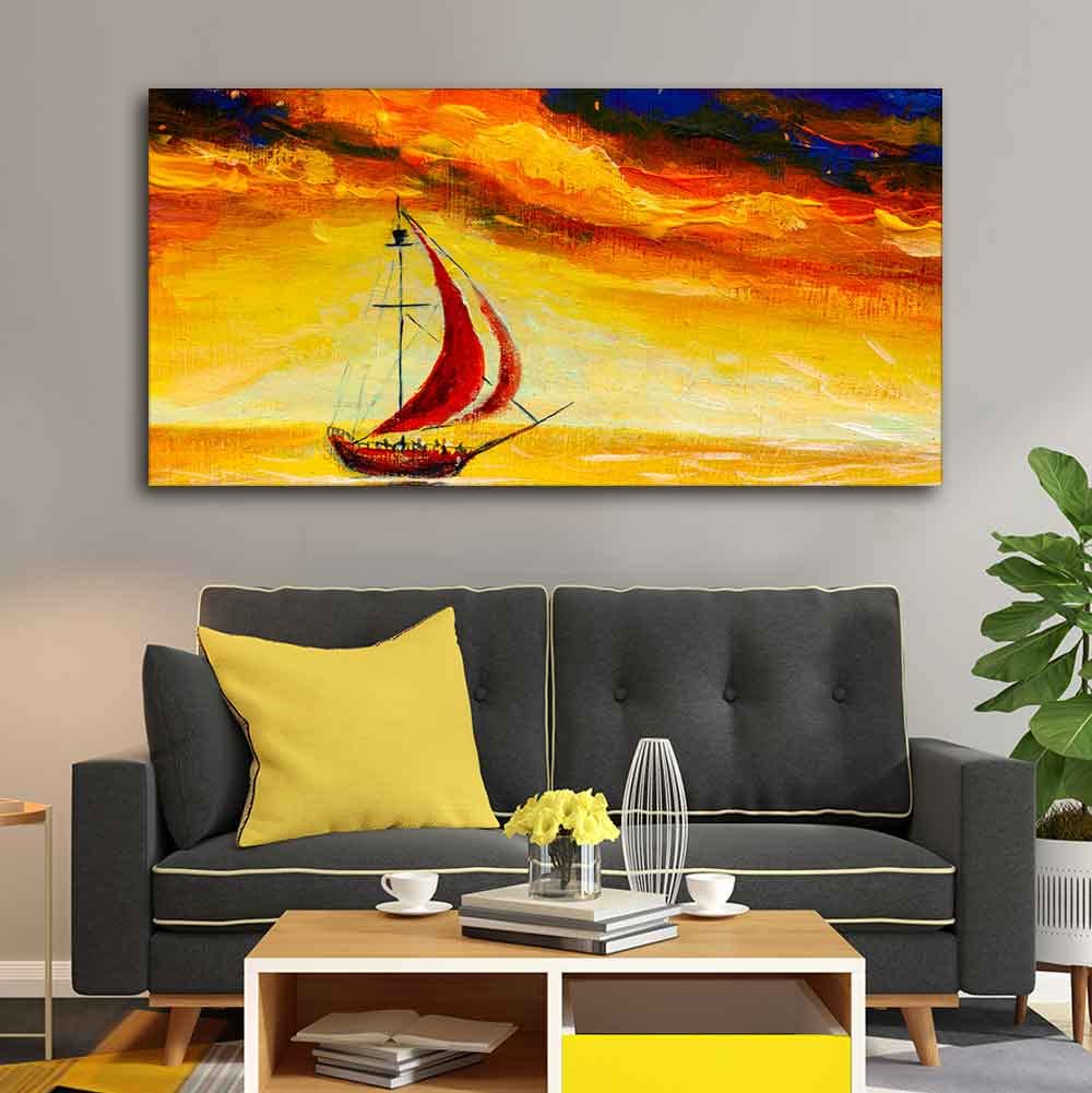 VIBECRAFTS Canvas Paintings for Living Room Drawing Room Sailing Ship with Red Sails with Yellow Sea Background Wall Painting Fitted with Wooden Frame for Home|Office|Gift(PTVCH_2276)