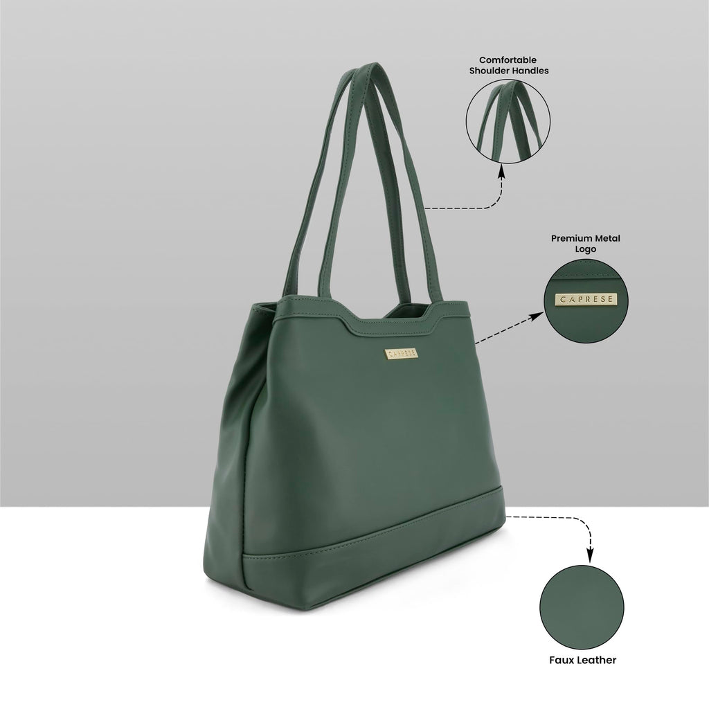 Caprese Kai Tote Large Shoulder Bag for Women | Solid Pattern | Faux Leather | Zipper Closure | Spacious Office & Travel Tote | Stylish Work Bag | Elegant Handbag for Daily Use (Olive Green)