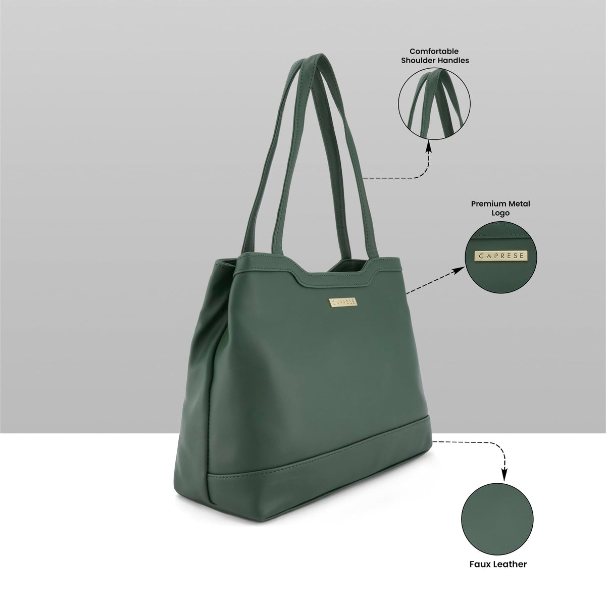 Caprese Kai Tote Large Shoulder Bag for Women | Solid Pattern | Faux Leather | Zipper Closure | Spacious Office & Travel Tote | Stylish Work Bag | Elegant Handbag for Daily Use (Olive Green)