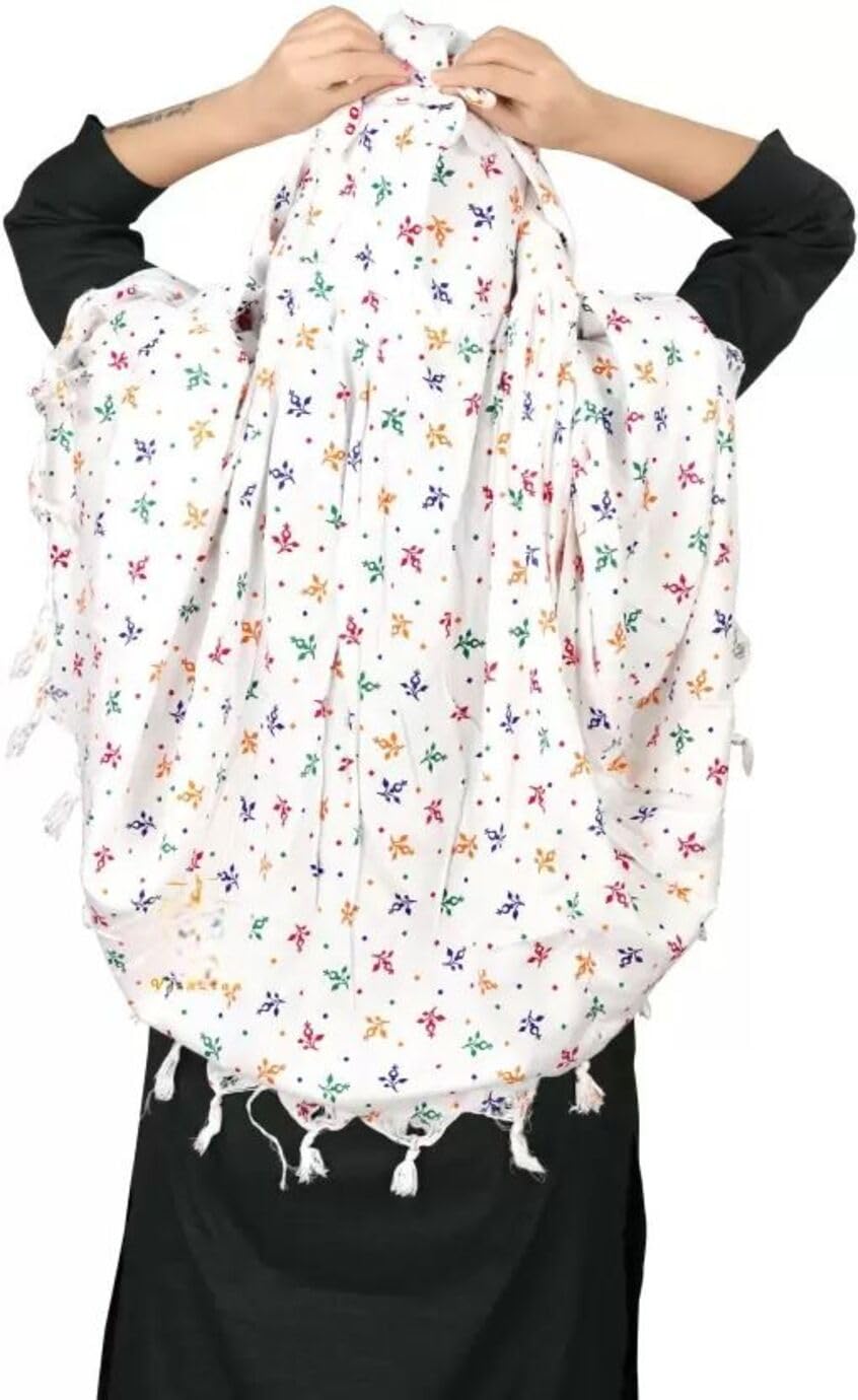 Vinsh Enterprise Cotton Long Scarf Cum Mask Scarves Usable for Vehicle Driver | White Printed Design | Universal Size | For Girl & Women | Soft & Breathable Sun Protection (FOOL PATI)