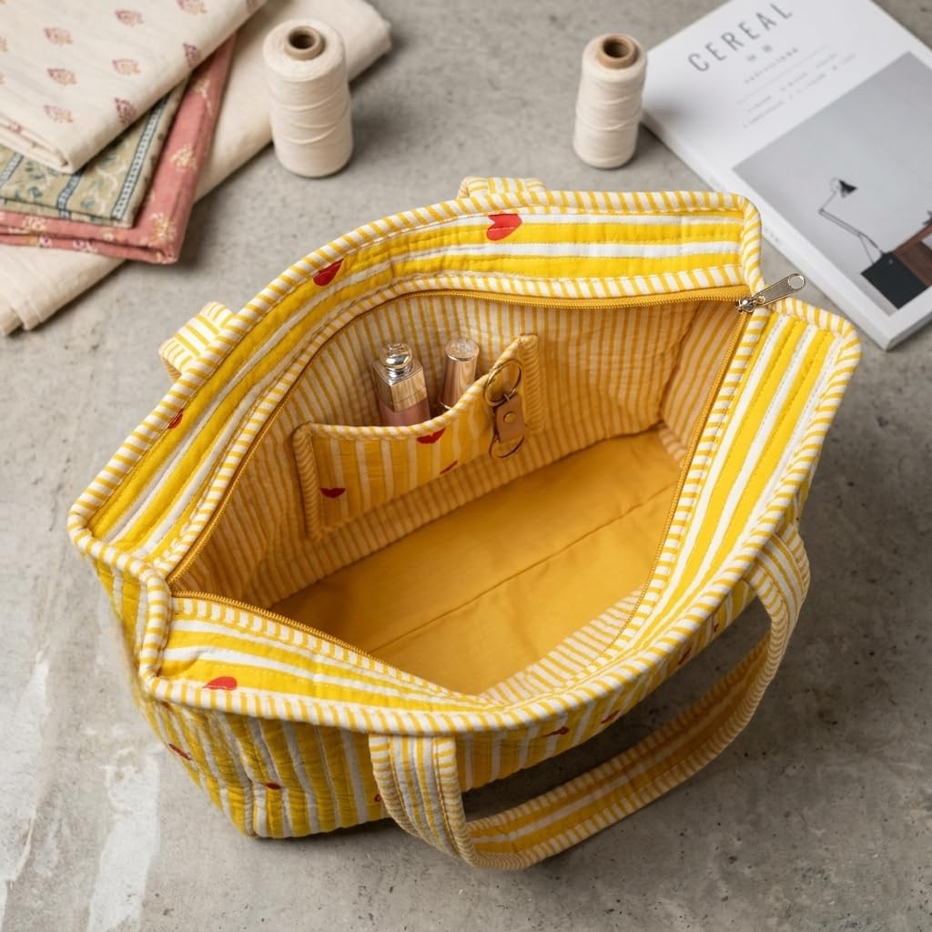 LOOMARTE Quilted Cotton Printed Tote Bag for Women & Girls - Yellow