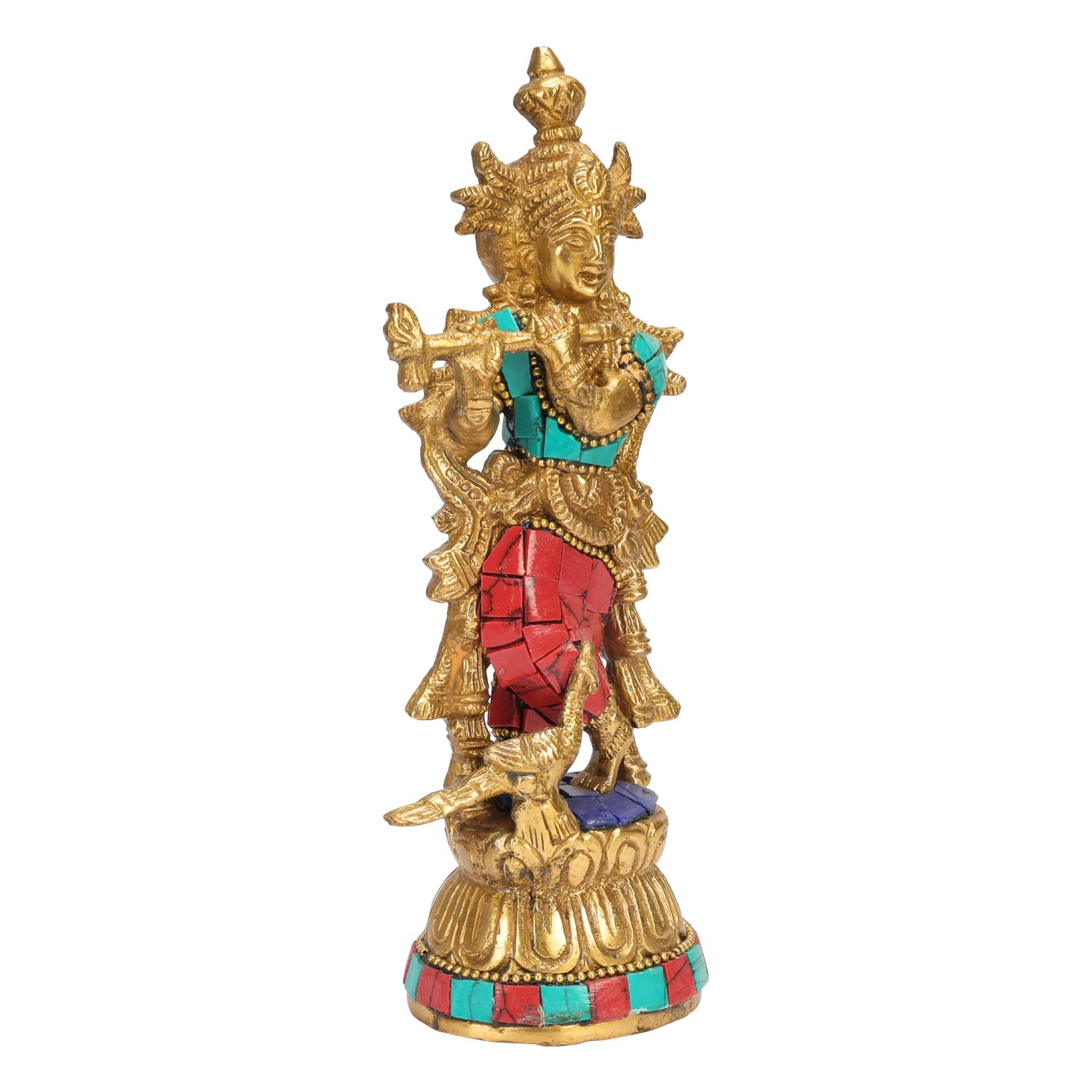 ARTVARKO Brass Krishna Idol Murti Murli Manohar Kamha Statue with Peacock Religious Gift Item Home Décor Multicolor Height 7 Inch