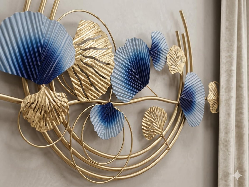 Mahira Artefacts Luxury Metal Wall Art, Blue and Gold Ginkgo Leaf 3D Wall Hanging, Modern Iron Sculpture for Living Room, Bedroom and Dining Hall