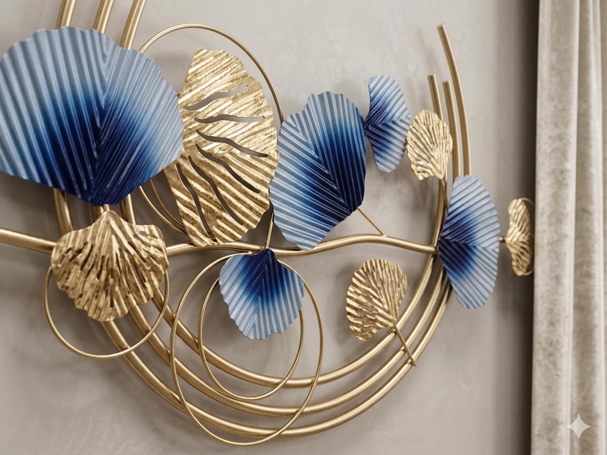 Mahira Artefacts Luxury Metal Wall Art, Blue and Gold Ginkgo Leaf 3D Wall Hanging, Modern Iron Sculpture for Living Room, Bedroom and Dining Hall