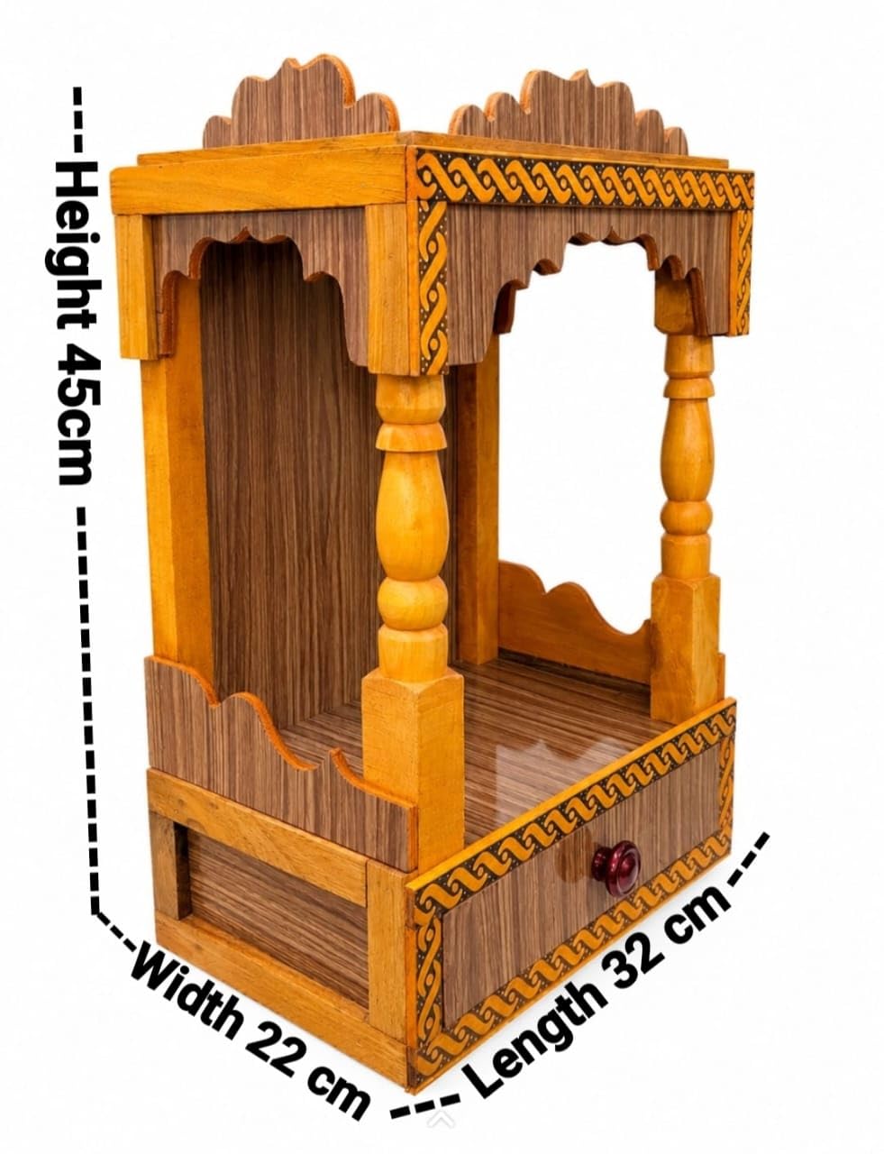 Handcrafted Wooden Temple for Home & Office | Compact Puja Mandir with Storage Drawer & Traditional Carvings | Elegant Pooja Ghar Mandapam (Size: 45 x 32 x 22 cm)
