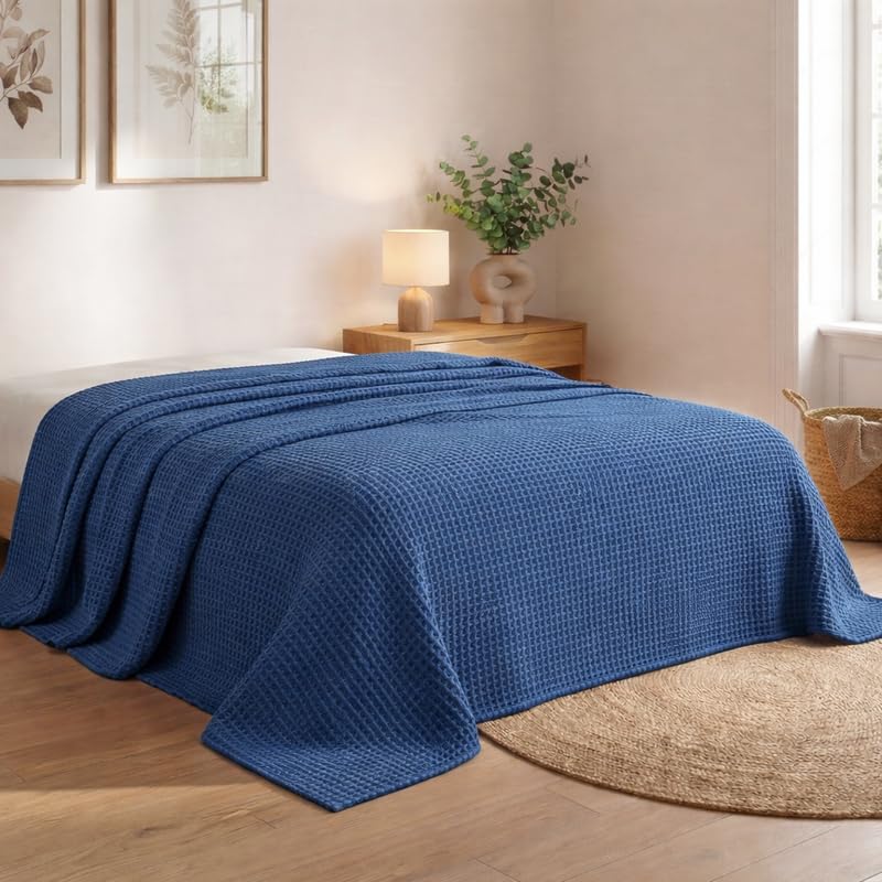 SANMARINO 100% Cotton Waffle Weave Blanket, Cotton Dohar for Single Bed, Breathable & Skin Friendly All Season Blanket for Bed, Single Bed Blanket (228cm x 152cm, Blue) Kafalo