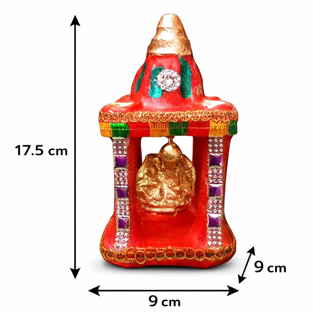 Cyan Collection Terracotta Clay Mitti Decorative Hatri Lakshmi Ganesh Square Shape Diwali Temple Mandir for Diwali Puja/Pooja, Home Decoration - Size H18 CM x W9 CM x L9 CM (Pack of 1) (18 CM)