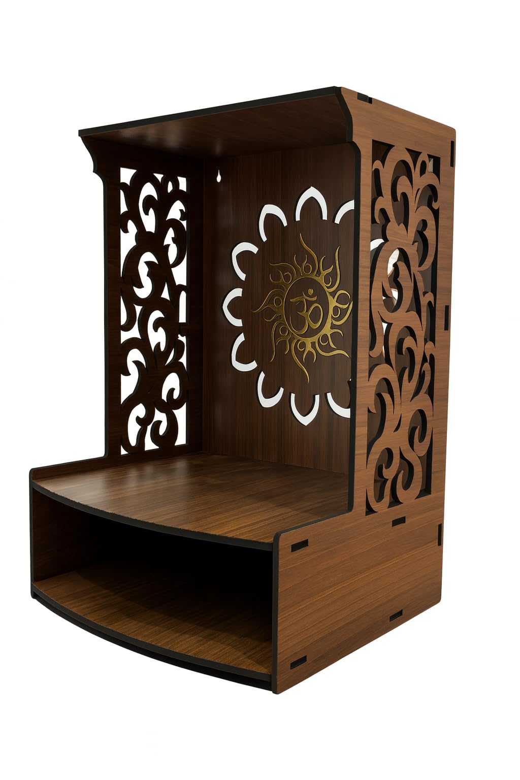 WIZZARTPRINTS Beautiful Wooden Pooja Stand for Home Mandir with LED Spot Light | Wall Mounted Temple for Home and Office | Compact Wooden Puja Mandir Desing 3