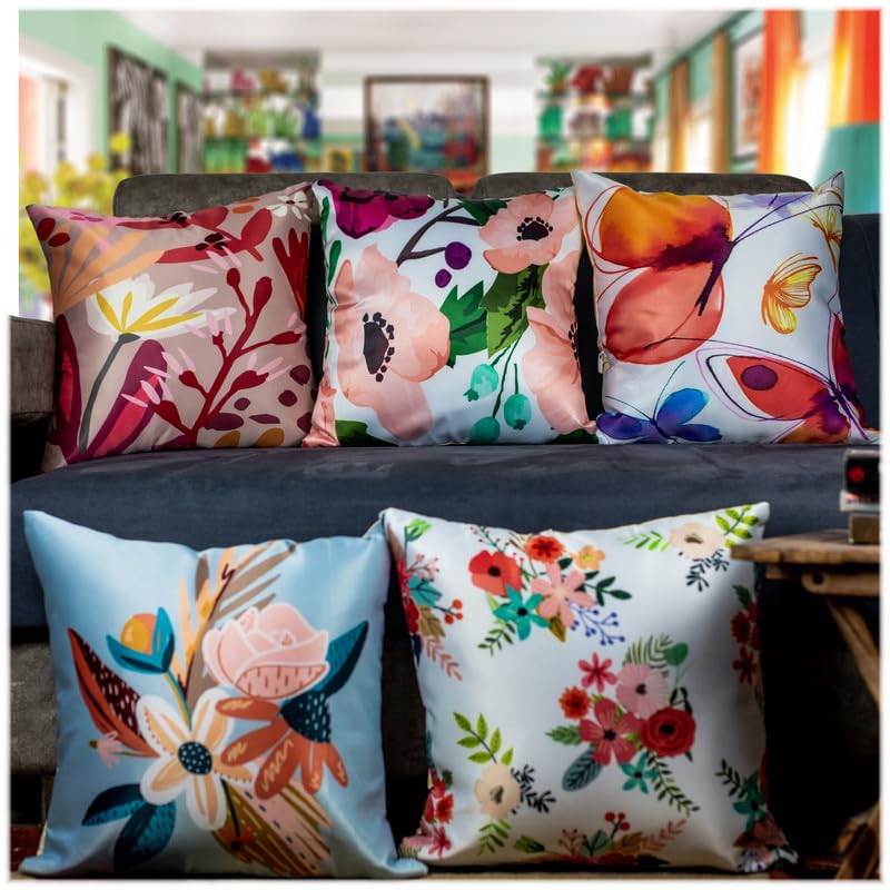 Vendola Printed Satin Sofa Cushion Covers Set of 5 16 inch x 16 inch, Blue, White & Red Throw Pillow Covers for Sofa, Decorative Cushion Covers for Living Room, Bedroom, Couch, (Blossom, 16x16)