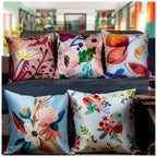 Vendola Printed Satin Sofa Cushion Covers Set of 5 16 inch x 16 inch, Blue, White & Red Throw Pillow Covers for Sofa, Decorative Cushion Covers for Living Room, Bedroom, Couch, (Blossom, 16x16)