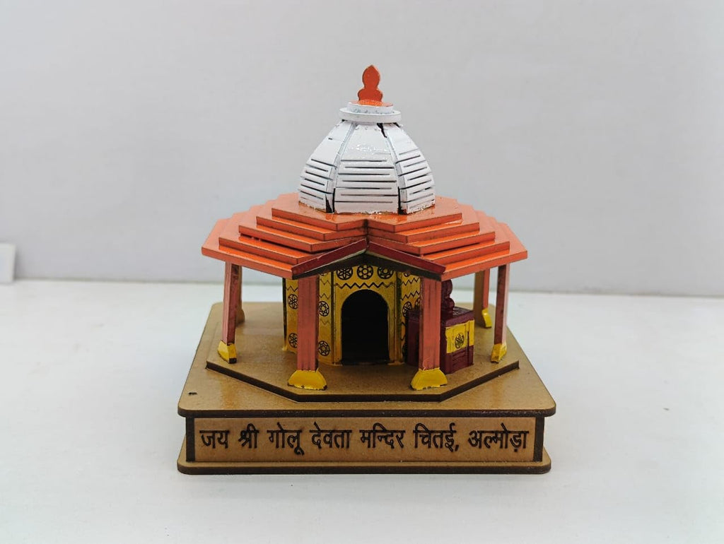 Shri Golu Devta Wooden Temple Almora Miniature Model, Handcrafted Wooden Religious Replica with Traditional Design