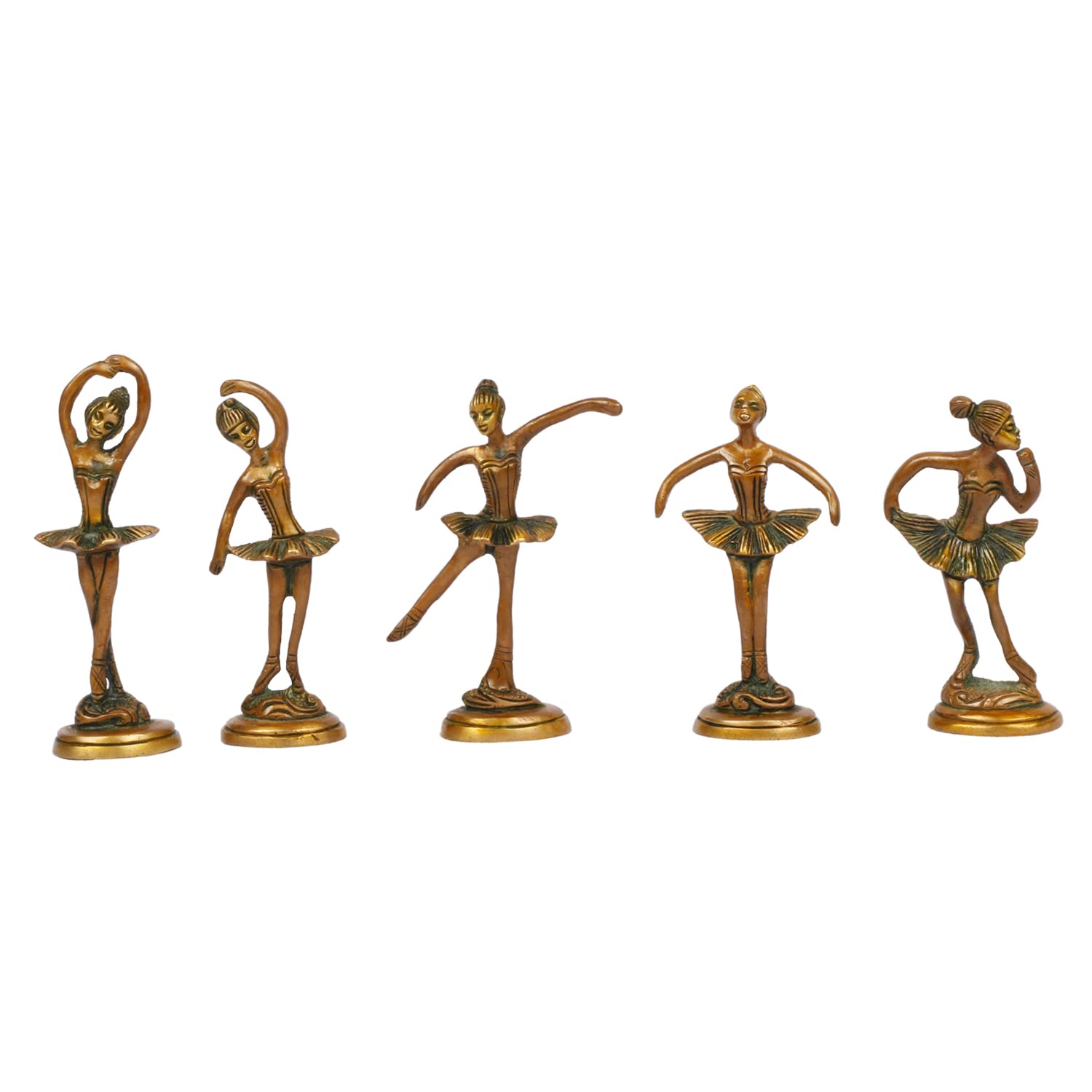 ARTVARKO Brass Beautiful Dancing Lady Idol Home Décor Showpieces Ladies Statue Set of 5 Statues.(Greenish Gold)