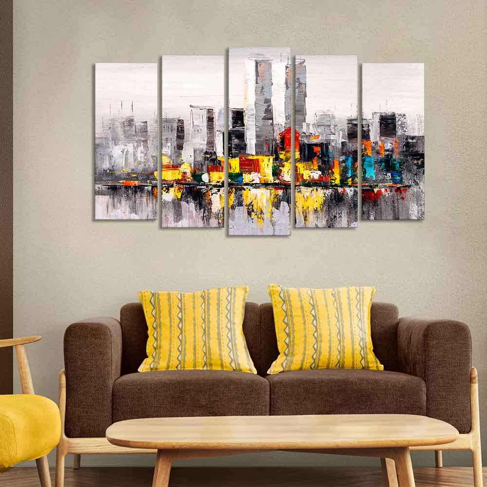 VIBECRAFTS Abstract Wall Painting of A New York City Skyline Set of Five For Home|Office|Living Room|Gift (PTVC5Pcs2_6535)