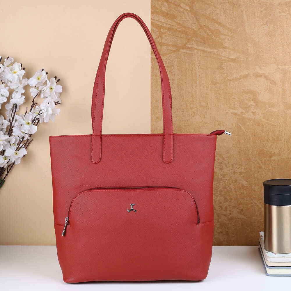 Mochi Women Maroon Faux Leather Tote Bag with Front and Back Zip Pockets (66-327)