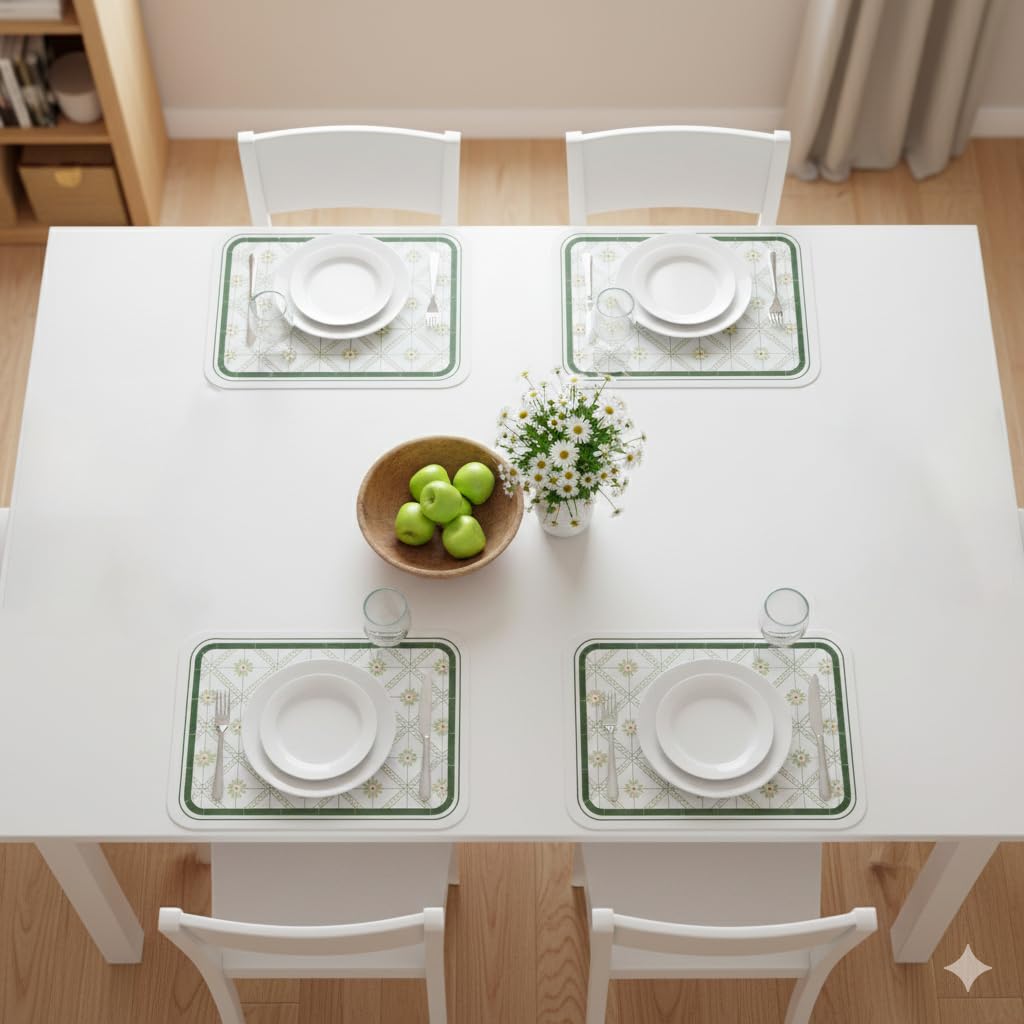 TheTableTales Vintage Green Lattice Floral Pattern Pack of 4 Table Mat | Premium Faux Leather Dining Placemat Set | Waterproof Heat Resistant Non-Slip Place Mats | Kitchen Dining Table Home Restaurant