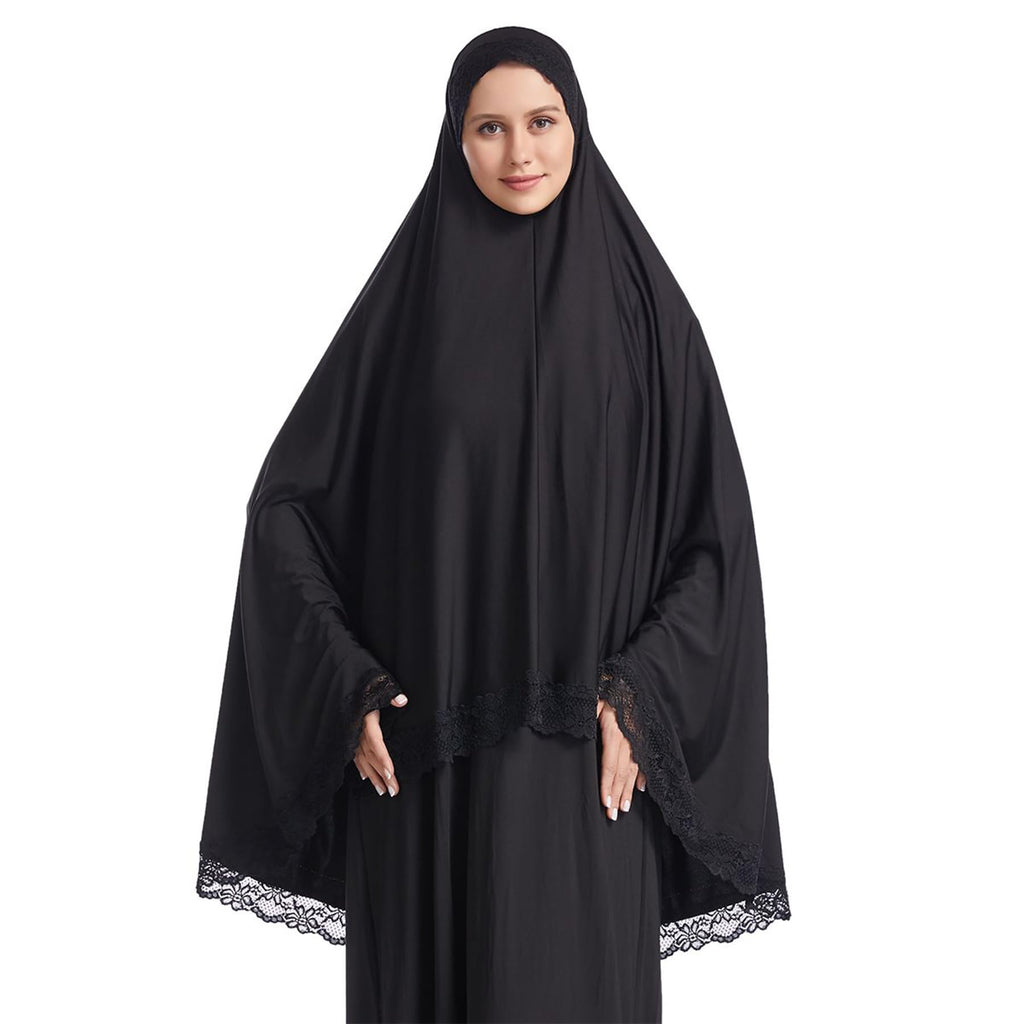 Muslim Hijab for Women Instant Big Hijab Khimar Abaya 1pc Soft Lace Scarf, Black, Large