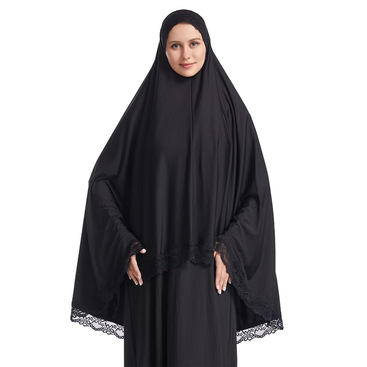 Muslim Hijab for Women Instant Big Hijab Khimar Abaya 1pc Soft Lace Scarf, Black, Large