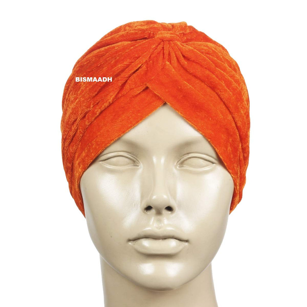 BISMAADH Velvet Soft Pleated Pre Tied Knot Readymade Turban/Pagri Head Wraps for Men & Women Orange