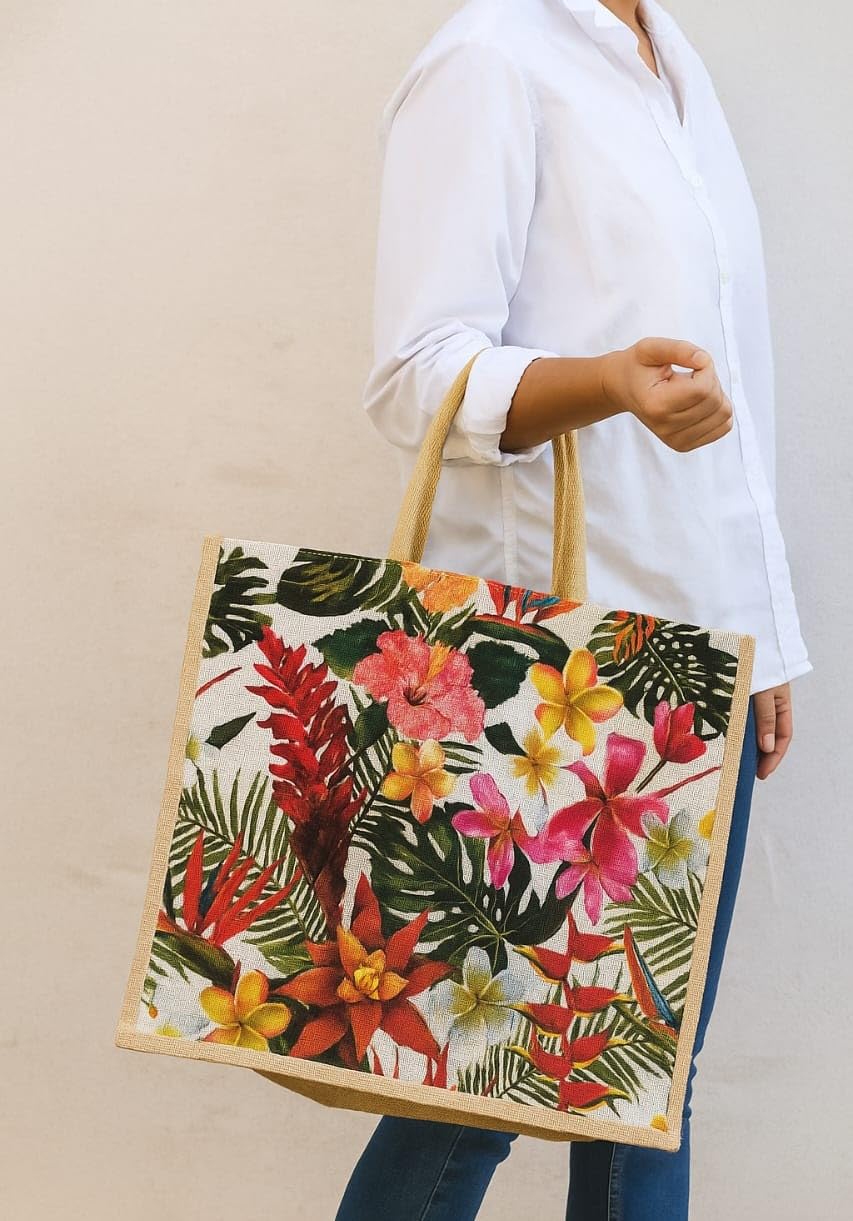 Sangra Multicolor Large Jute Shopping Bag for Men & Women with Zip and Handle - Floral Design