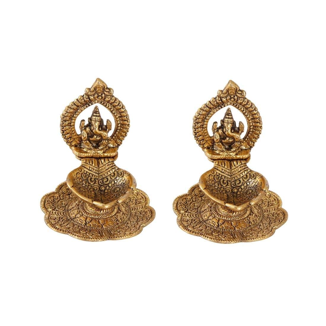 Prince Home Decor & Gifts Aluminium Metal Ganesh Diya with Swastik Engraved in Hand (10.2 cm x 10.2 cm x 11.5 cm, Set of 2), Multicolor