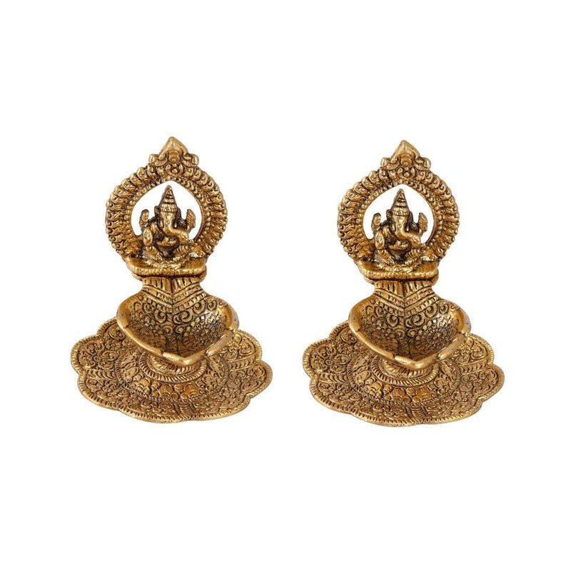 Prince Home Decor & Gifts Aluminium Metal Ganesh Diya with Swastik Engraved in Hand (10.2 cm x 10.2 cm x 11.5 cm, Set of 2), Multicolor