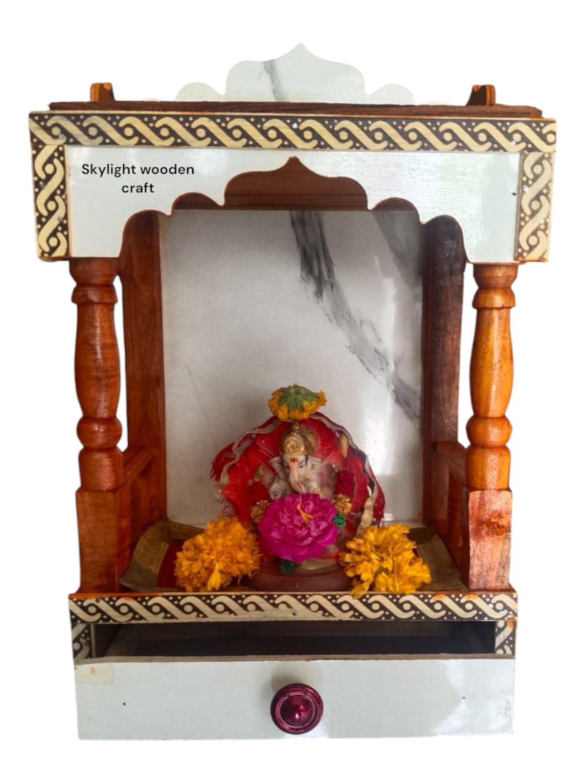 Wooden Craft Handcrafted Home Mandir with Marble-Finish Back Panel - Traditional Teak & White Puja Temple for Wall or Tabletop (Size 40x30x20cm)