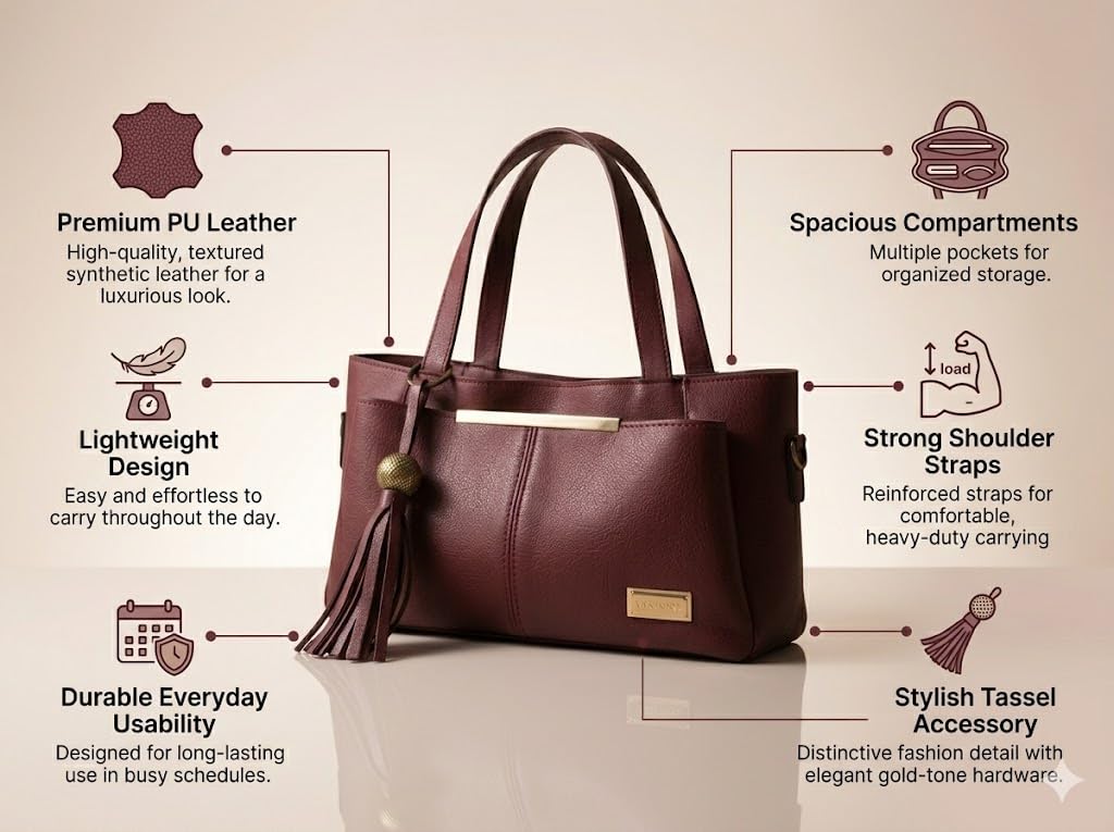PAVILONN Women Tote Bag Ladies Handbag Shoulder Office Shopping Work Laptop PU Leather Brown Travel College Daily Use Designer Large Stylish Fashion Zipper Commuter Gift (MAROON)