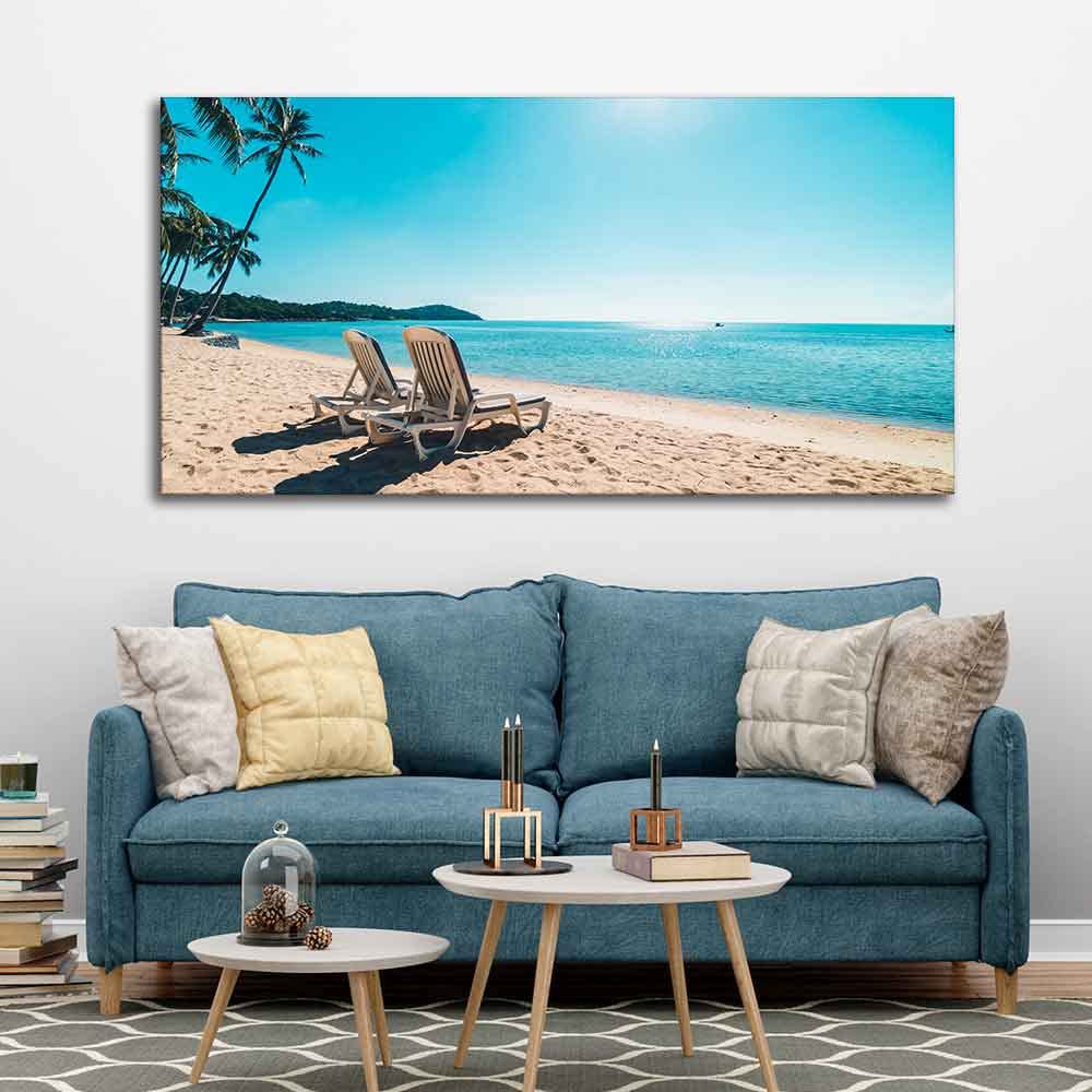 VIBECRAFTS Canvas Paintings for Living Room Drawing Room wall Painting of Beautiful Beach with Chair & Blue Sky for Home|Office|Gift(PTVCH_2385N)