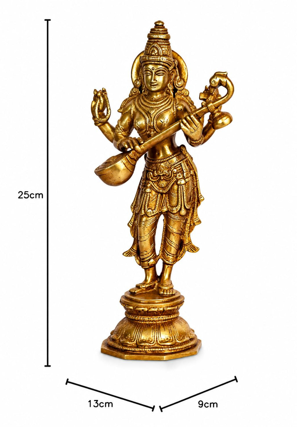 ARTVARKO Brass Goddess Maa Saraswati Statue Standing Education Study Vidya Devi Idol Spiritual Puja Vastu Showpiece Religious Murti Sculpture Knowledge Music & Art 10 Inches
