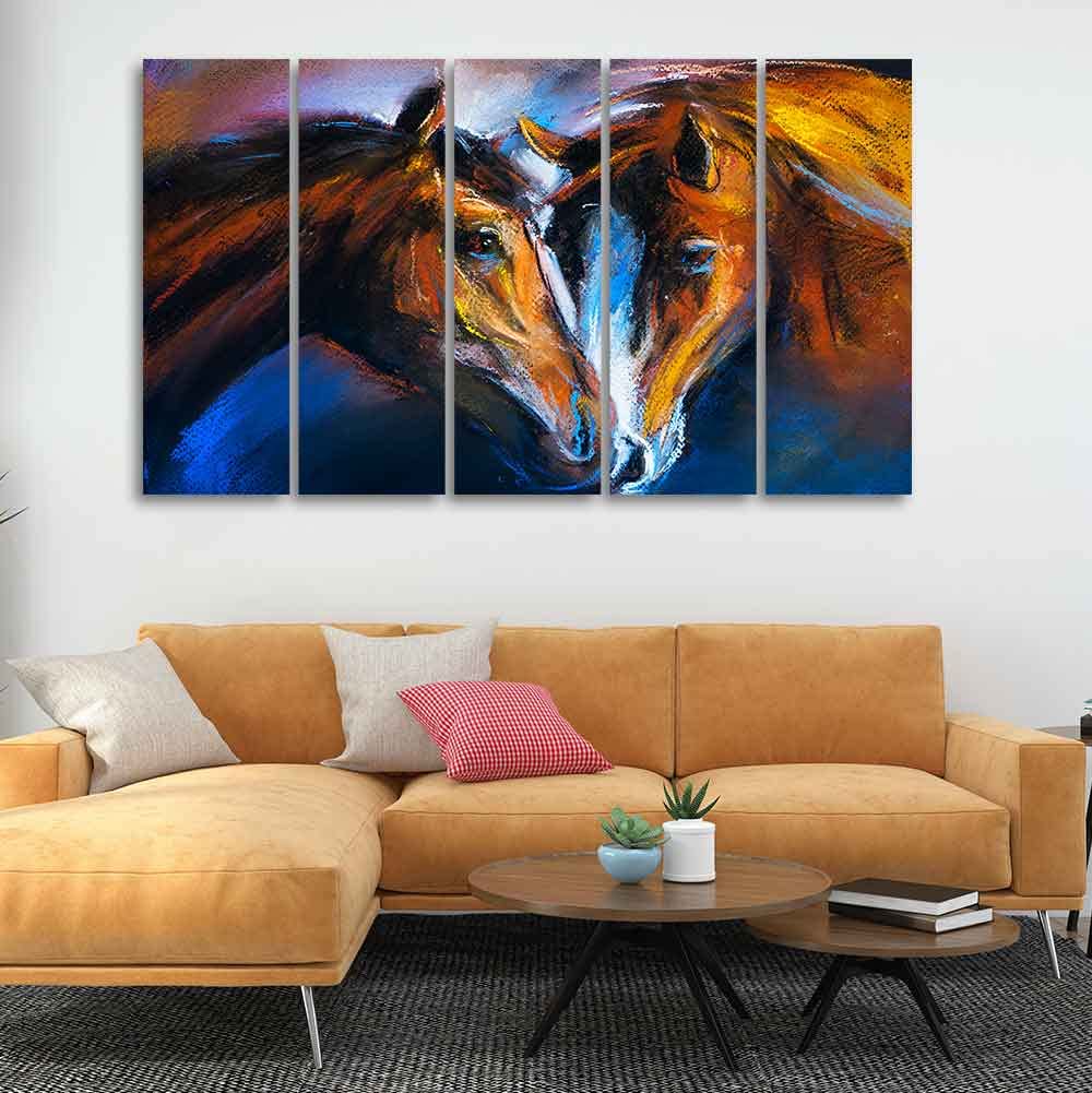 VIBECRAFTS Beautiful Pair of Horses Five Pieces Wall Painting For Home|Office|Living Room|Gift (PTVC5Pcs4_8573)