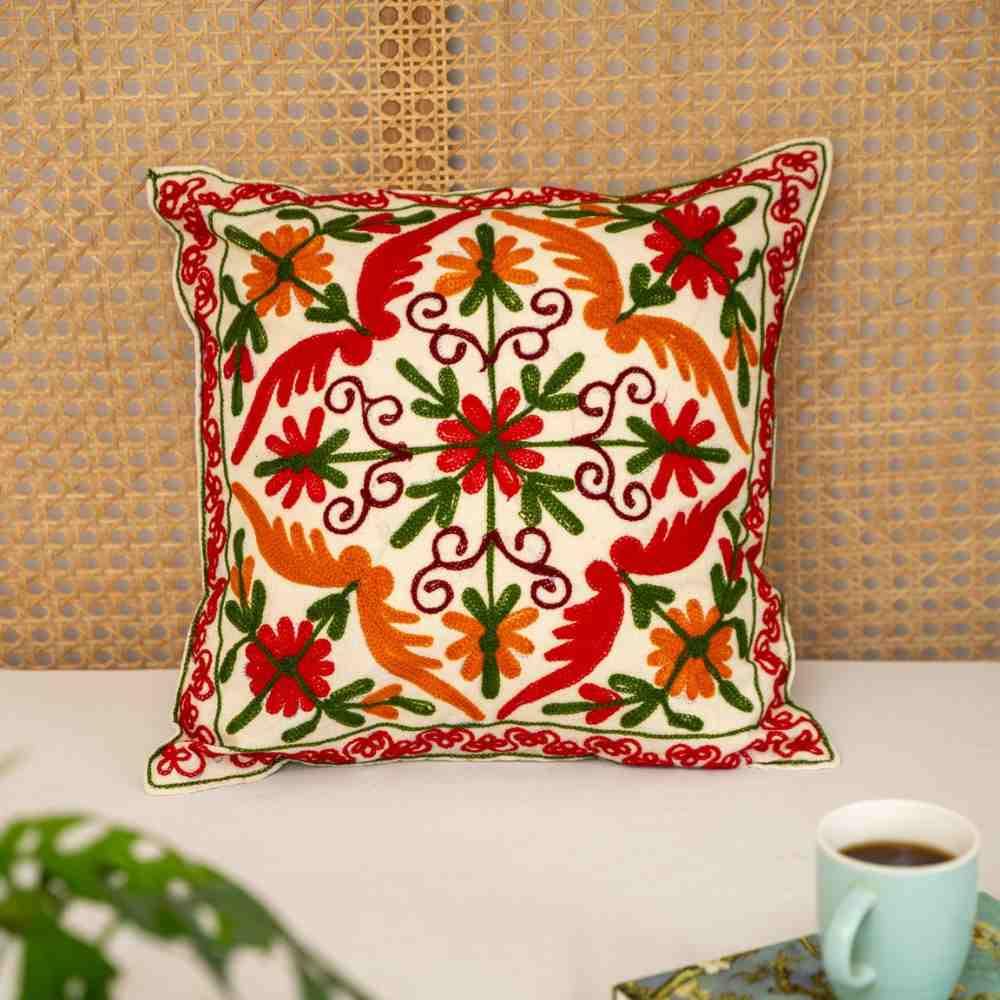 ATRANGI STUDIO Embroidered Cushion Covers - Set of 2 | Traditional Rustic Bloom Aari Embroidery | Threadwork Throw Pillow Covers with Zip Closure | Perfect for Sofa, Chair | 16x16 Inch, Multicolor