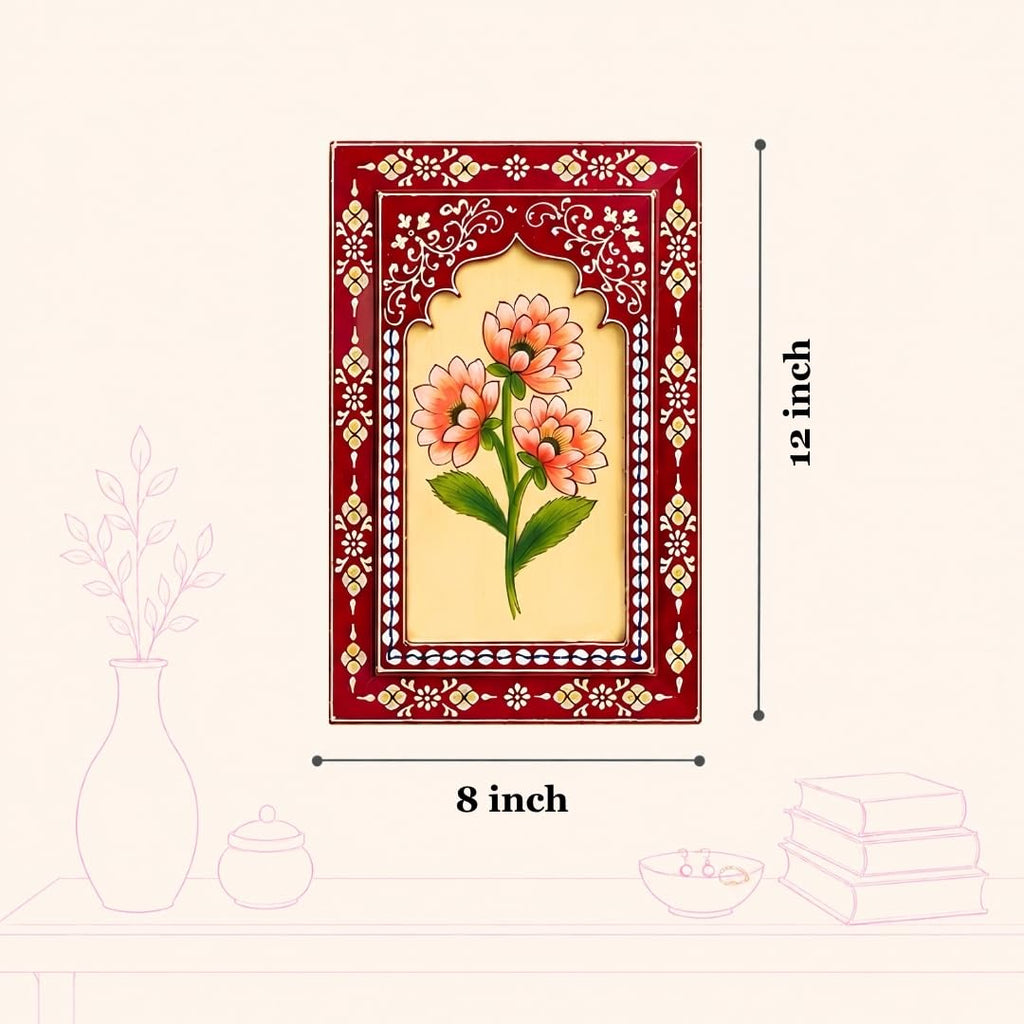ATRANGI STUDIO Ruby Bloom Wooden Wall Frame (Pack of 3) | Handpainted Jharokha Style Floral Wall Hanging | Rajasthani Traditional Art | Framed Wall Painting for Living room, Bedroom, Office | 12×8 Inch