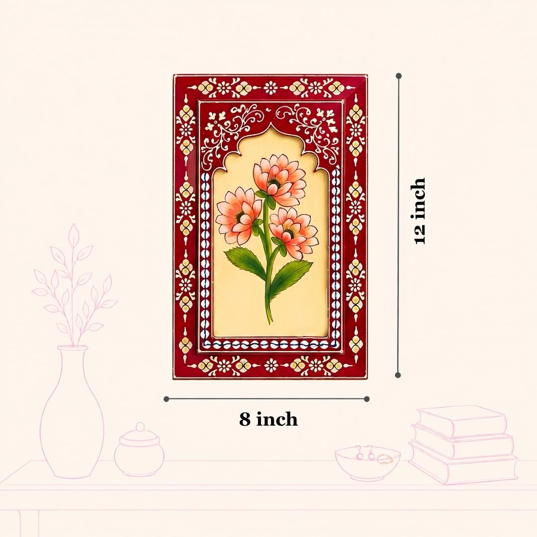 ATRANGI STUDIO Ruby Bloom Wooden Wall Frame (Pack of 3) | Handpainted Jharokha Style Floral Wall Hanging | Rajasthani Traditional Art | Framed Wall Painting for Living room, Bedroom, Office | 12×8 Inch