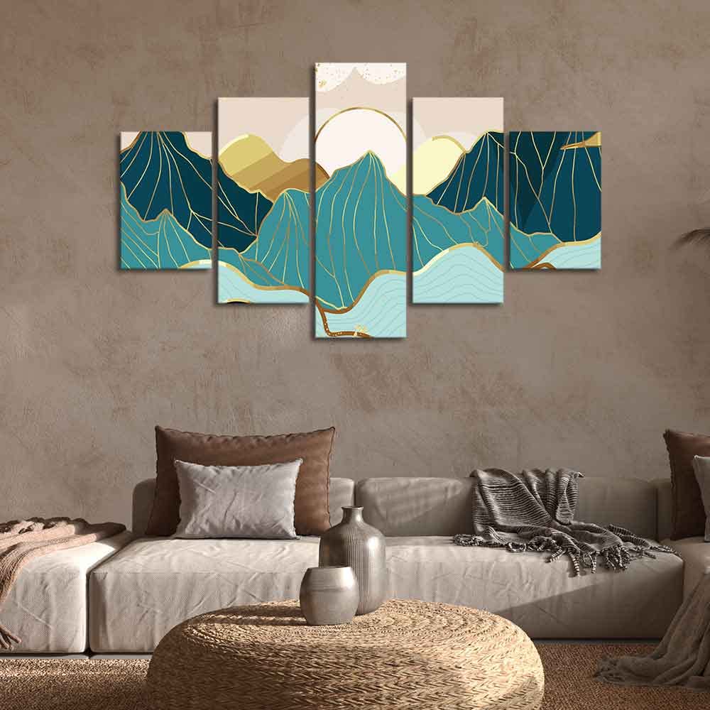 VIBECRAFTS Homcraft Gold Mountain Landscape Line Art With Sunrise Background 5 Pieces Premium Wall Painting For Home|Office|Living Room|Gift (PTVC5Pcs1_5504)