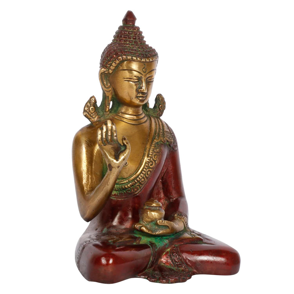 ARTVARKO Brass Lord Buddha Blessing in Abhaya Mudra Statue Idol Cherry Gold Finish 6 Inches