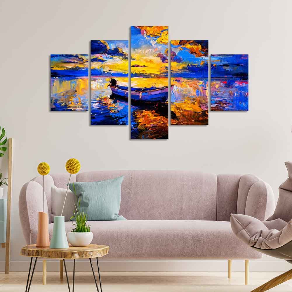 VIBECRAFTS Boat at Colorful Sunset Canvas Wall Painting Five Pieces For Home|Office|Living Room|Gift (PTVC5Pcs1_5523)