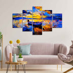 VIBECRAFTS Boat at Colorful Sunset Canvas Wall Painting Five Pieces For Home|Office|Living Room|Gift (PTVC5Pcs1_5523)