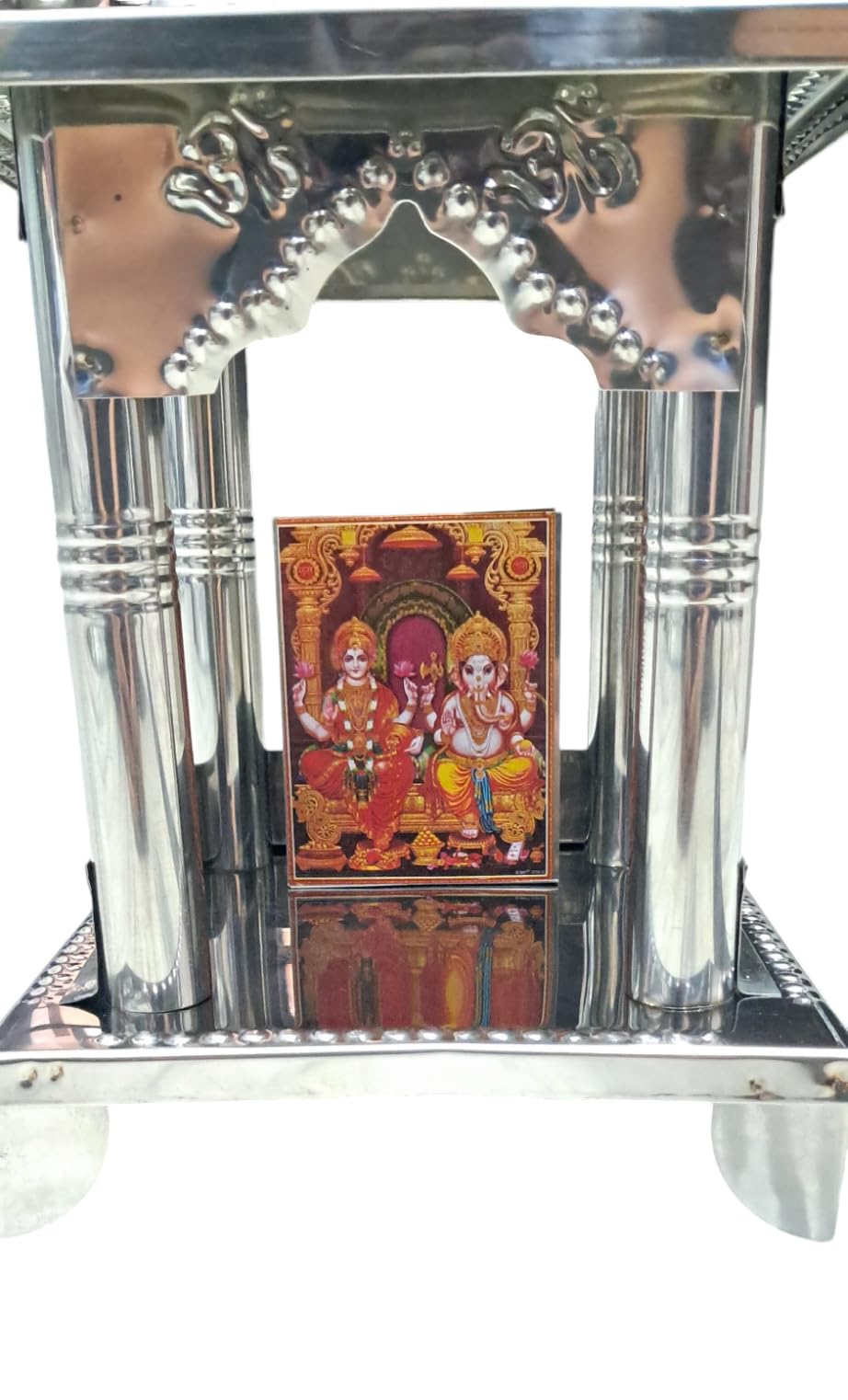 GUGGU Stainless Steel Diwali Pooja Hatri/Temple with Sitting Photo of Lord Ganesh ji and Luxmi MATA (Silver)..