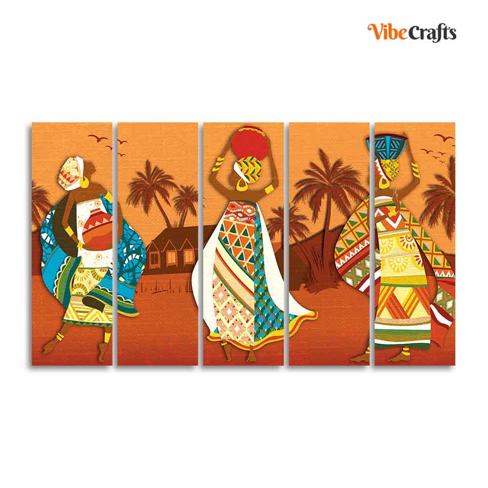 VIBECRAFTS Premium Canvas Wall Painting of African Lady Dancing Set of Five For Home|Office|Living Room|Gift (PTVC5Pcs4_8679)