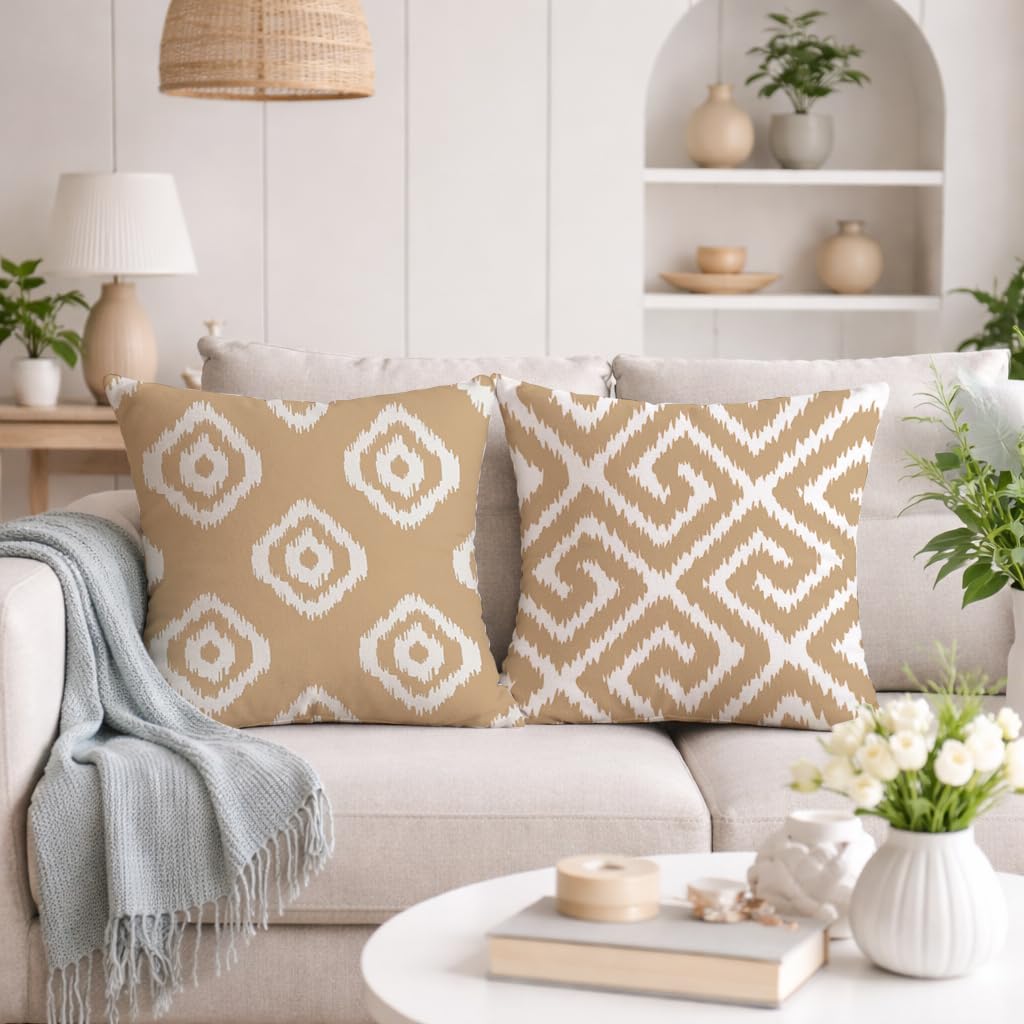 STITCHNEST Set of 2 Polycotton Cushion Covers – 24x24 Inches – Beige & White Ikat Geometric Print – Elegant Cushion Covers for Sofa & Living Room | Perfect for Home Decor