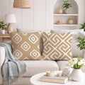 STITCHNEST Set of 2 Polycotton Cushion Covers – 24x24 Inches – Beige & White Ikat Geometric Print – Elegant Cushion Covers for Sofa & Living Room | Perfect for Home Decor