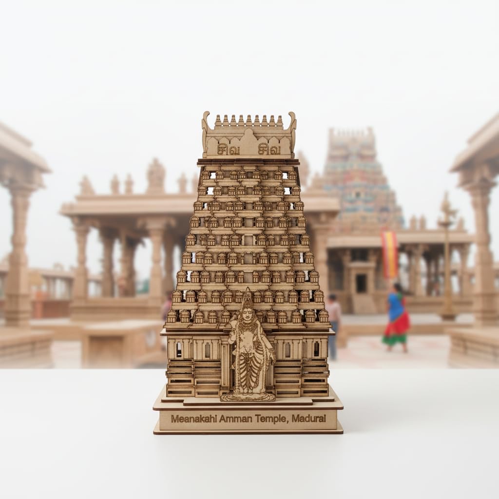 QUEENS CANVAS Wooden Meenakshi Amman Temple Madurai 3D Model, Decorative Showpiece, 18x10x30 cm