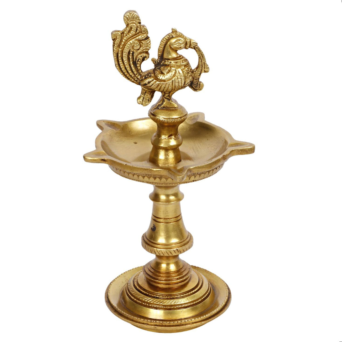 Artvarko Brass Bird Traditional Peacock 5 Wick Diya Oil Lamp Table Decor Diyas for Pooja Religious Diwali Gifts with Stand for Home Puja Temple Showpiece 8 Inch